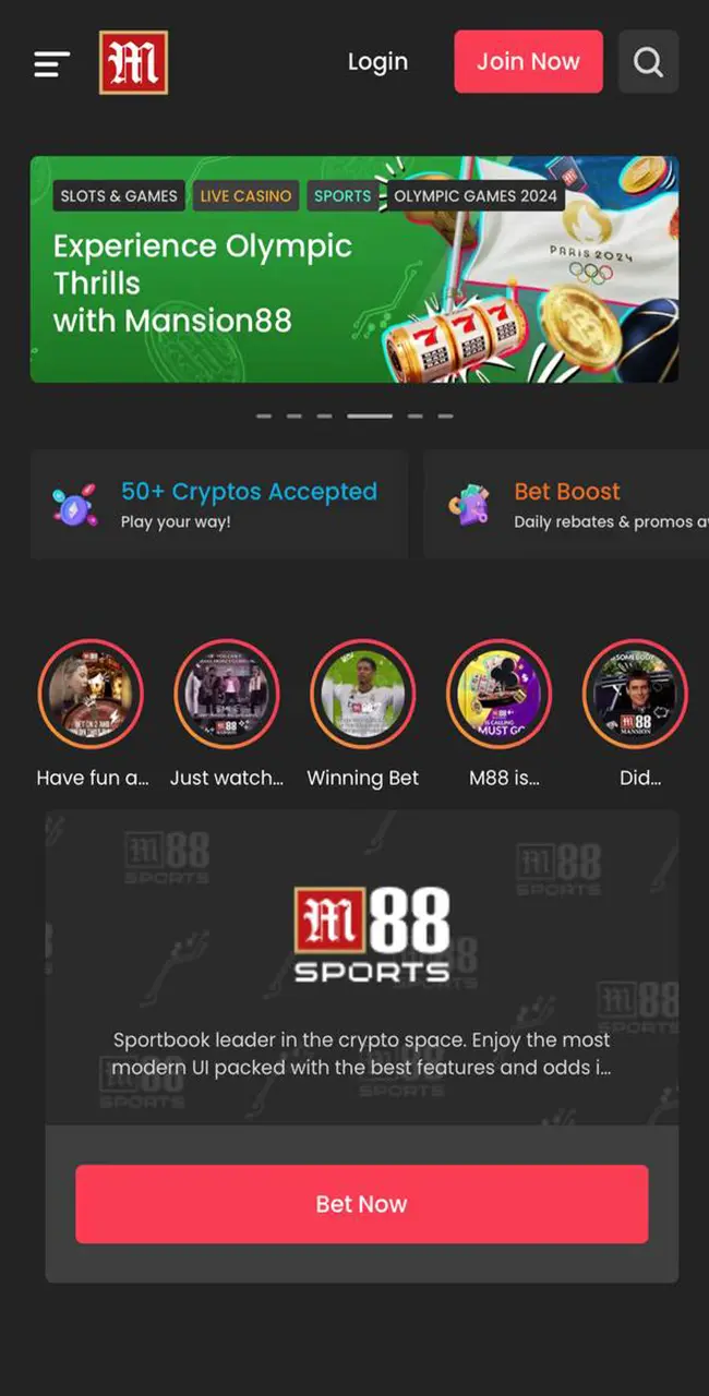 Explore the interface of the M88 casino site.