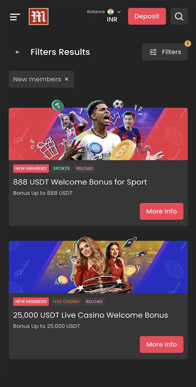 In-app promotions and bonuses from M88 Casino.