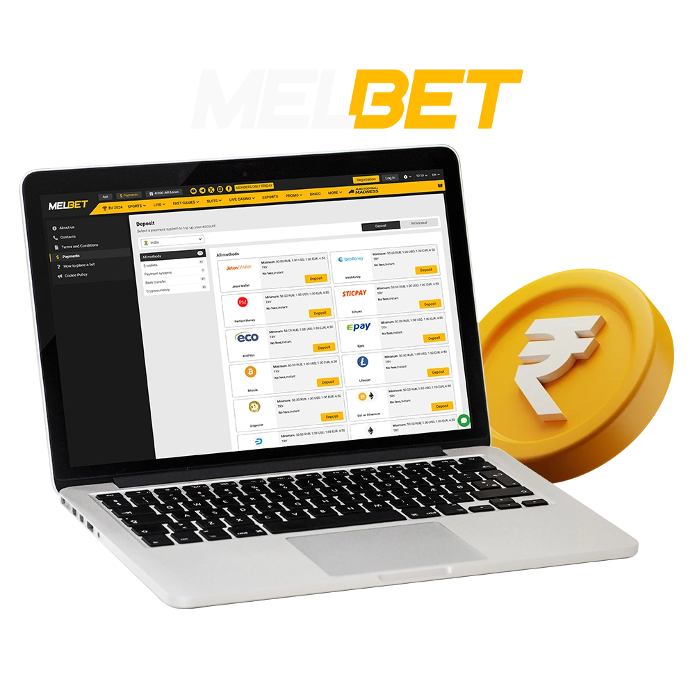 Laptop displaying Melbet payment methods section with various options