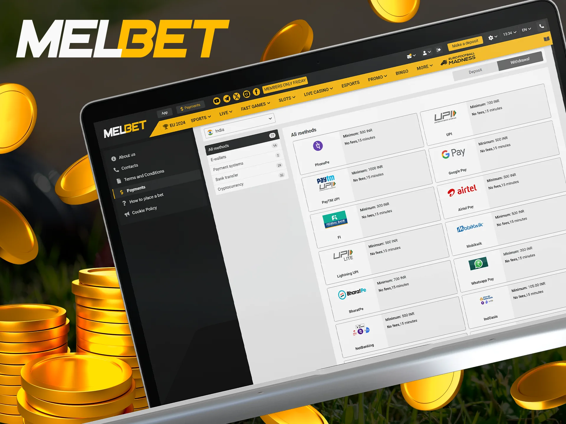 Withdraw funds from your Melbet account quickly and without problems.