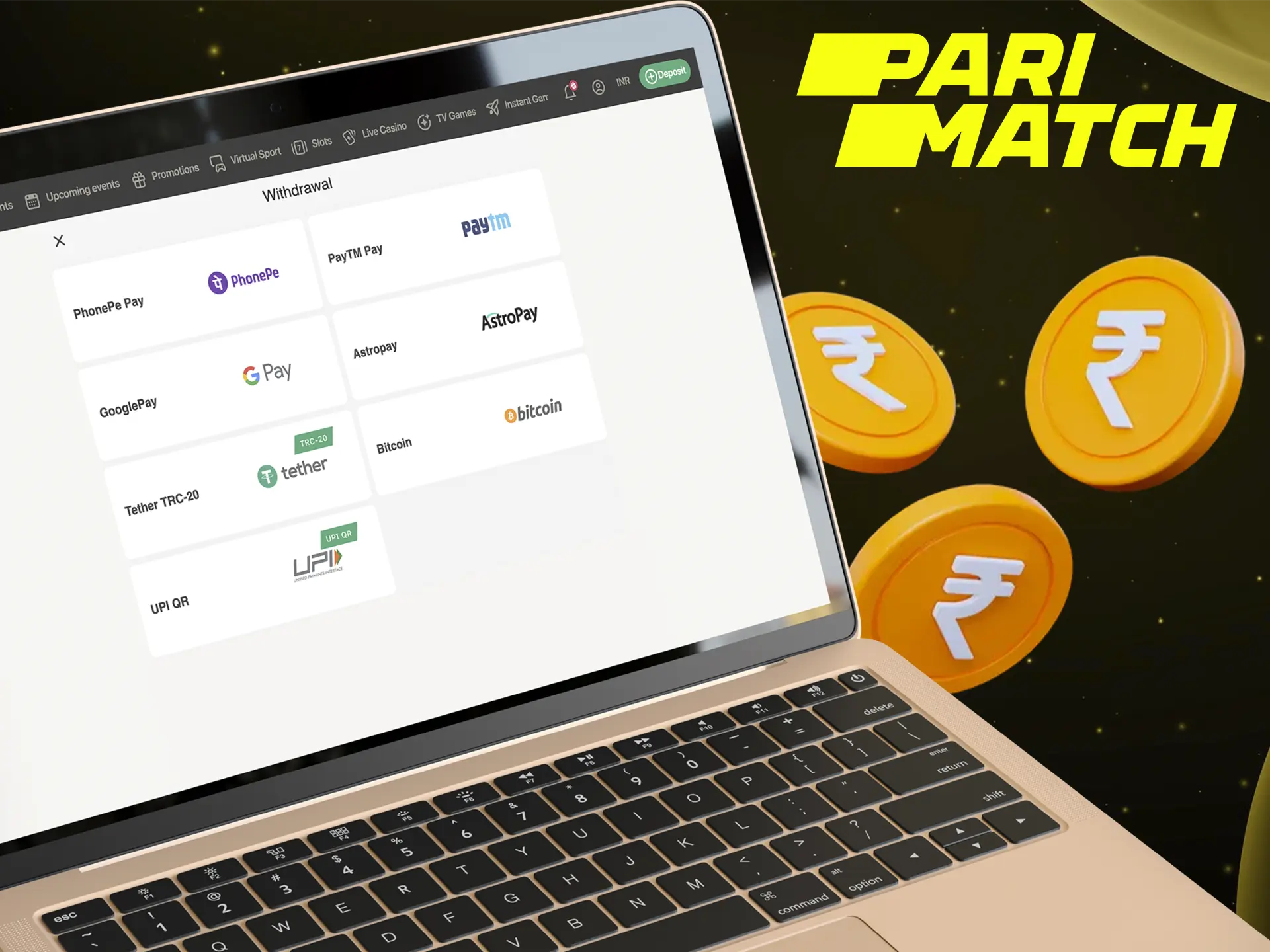 Withdraw your funds instantly using the most popular methods available at Parimatch Casino.