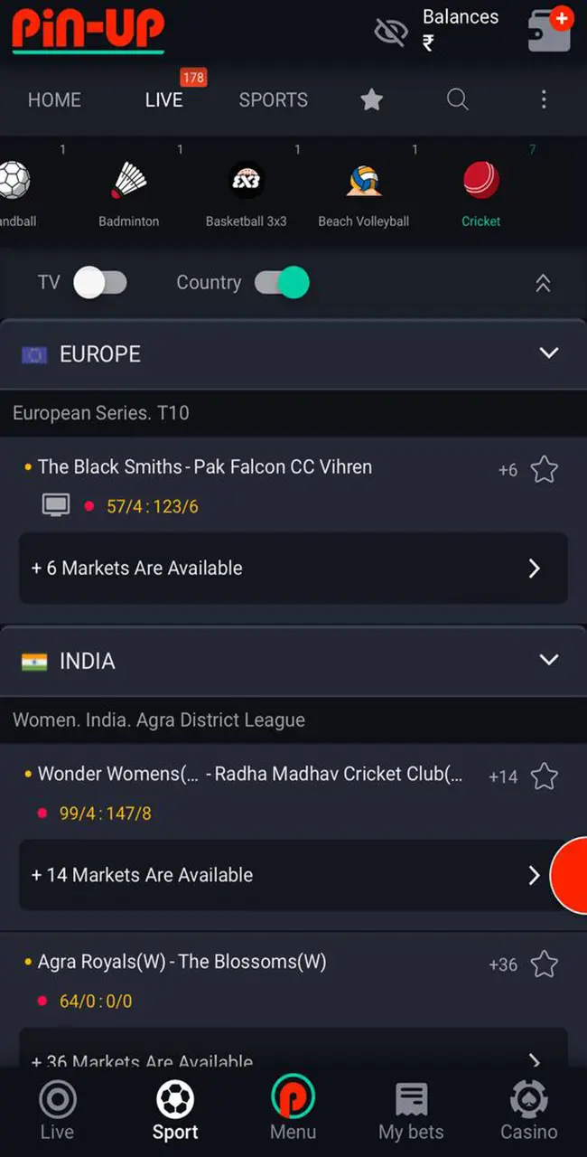 In-app cricket betting from Pin Up.