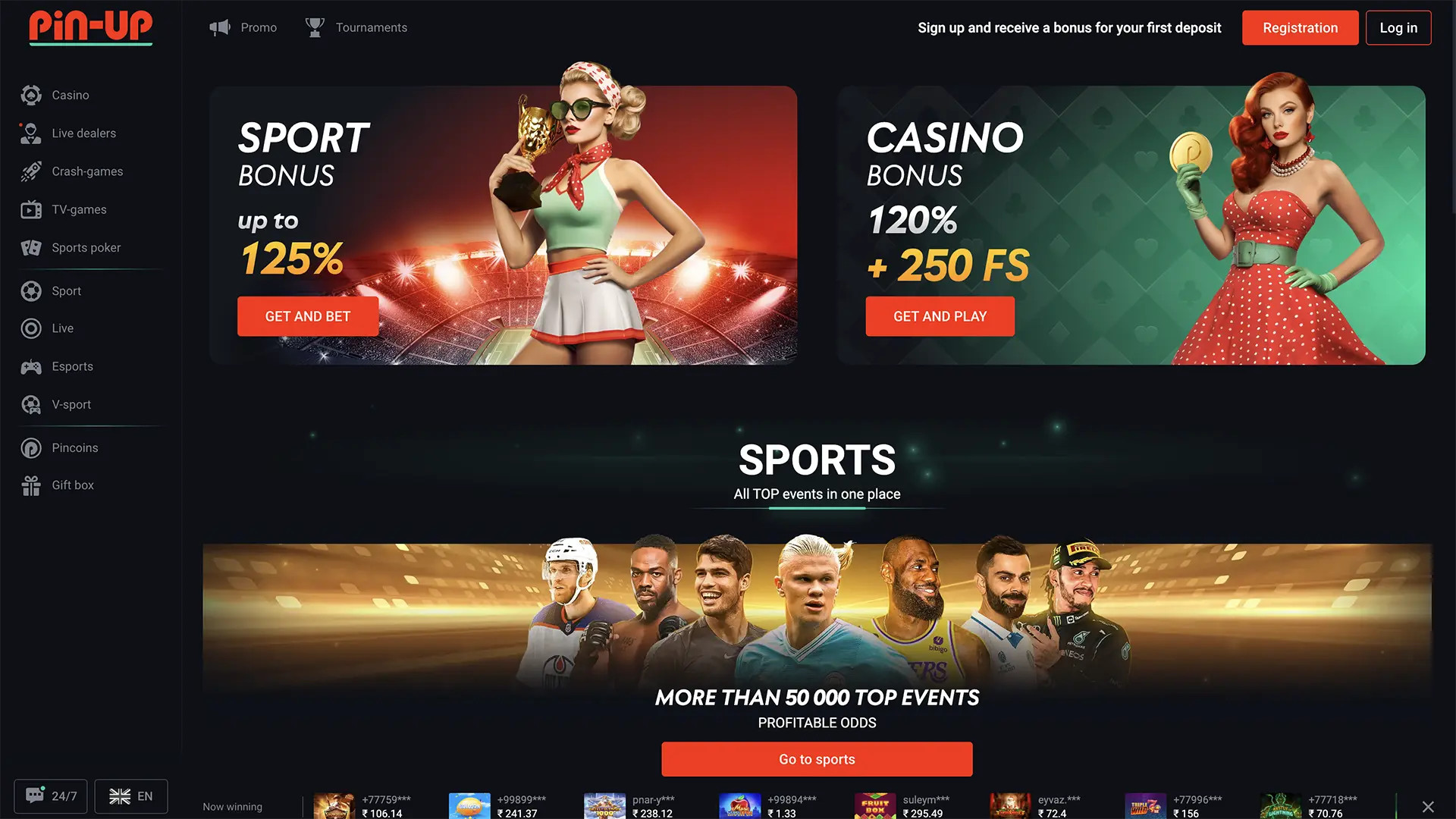 Pin Up Casino Home Page.