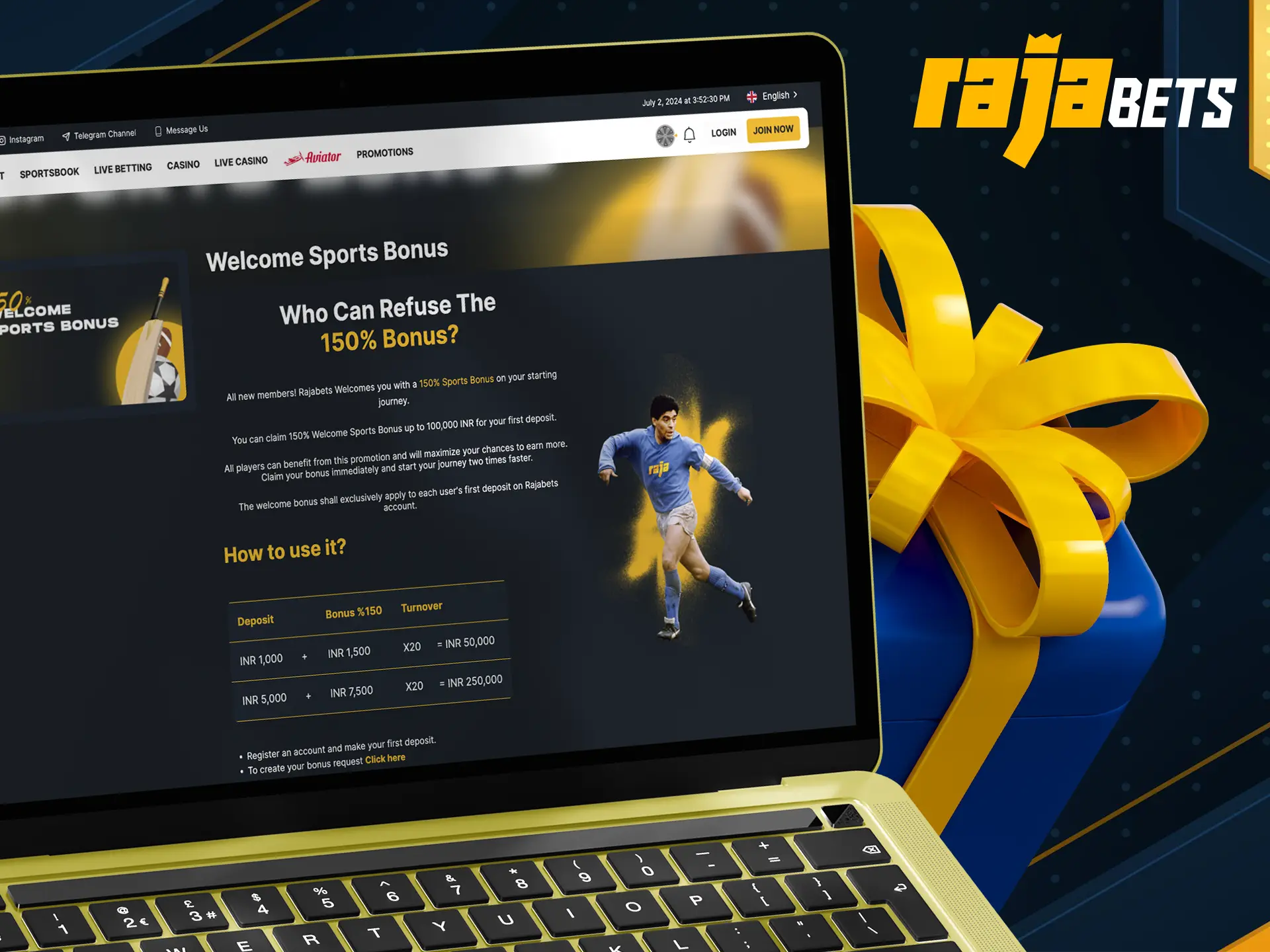 A large bonus for your bets becomes available as soon as you simply sign up for an account at Rajabets.