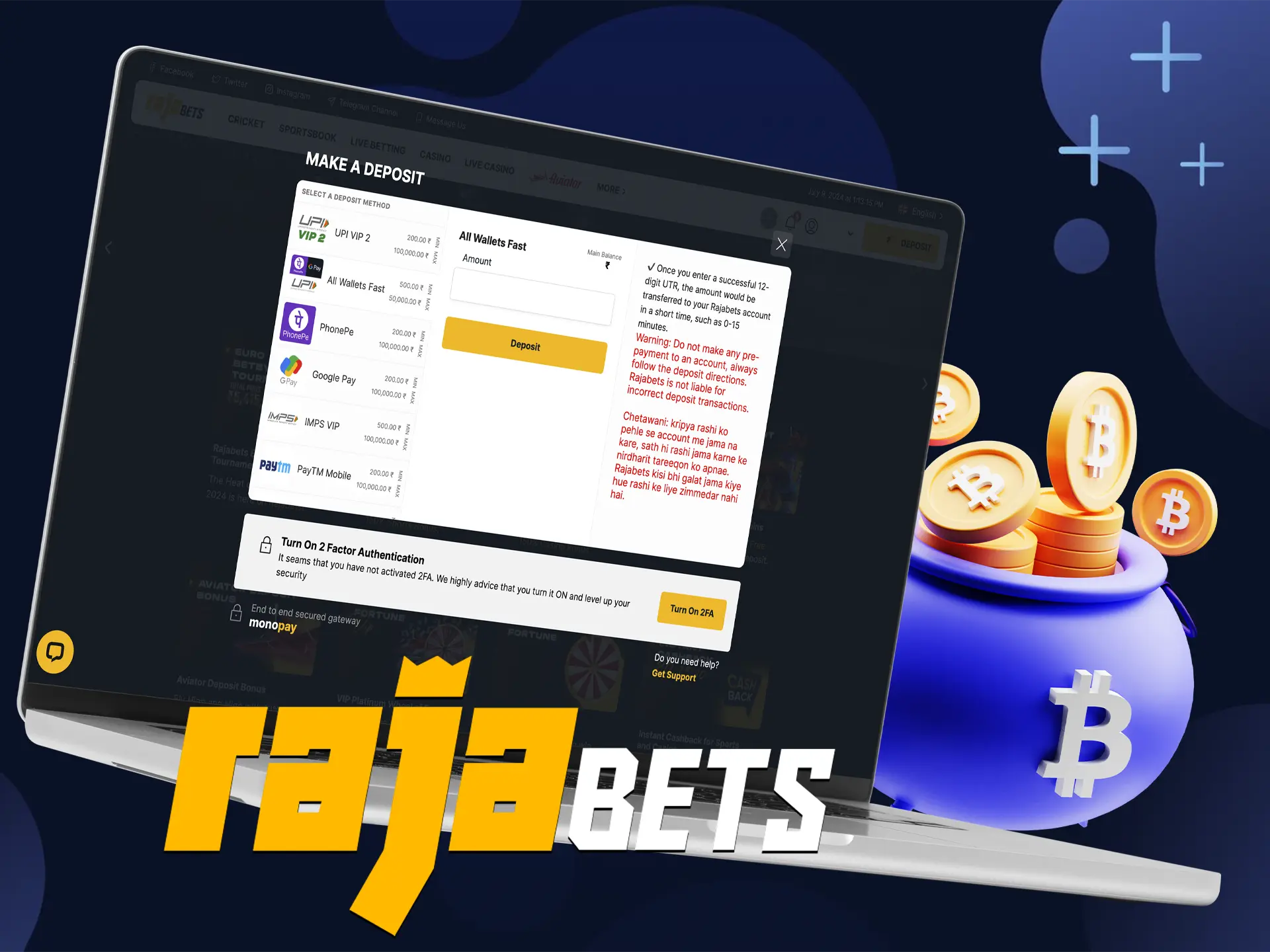 Use your cryptocurrency bill to quickly fund your Rajabets account.