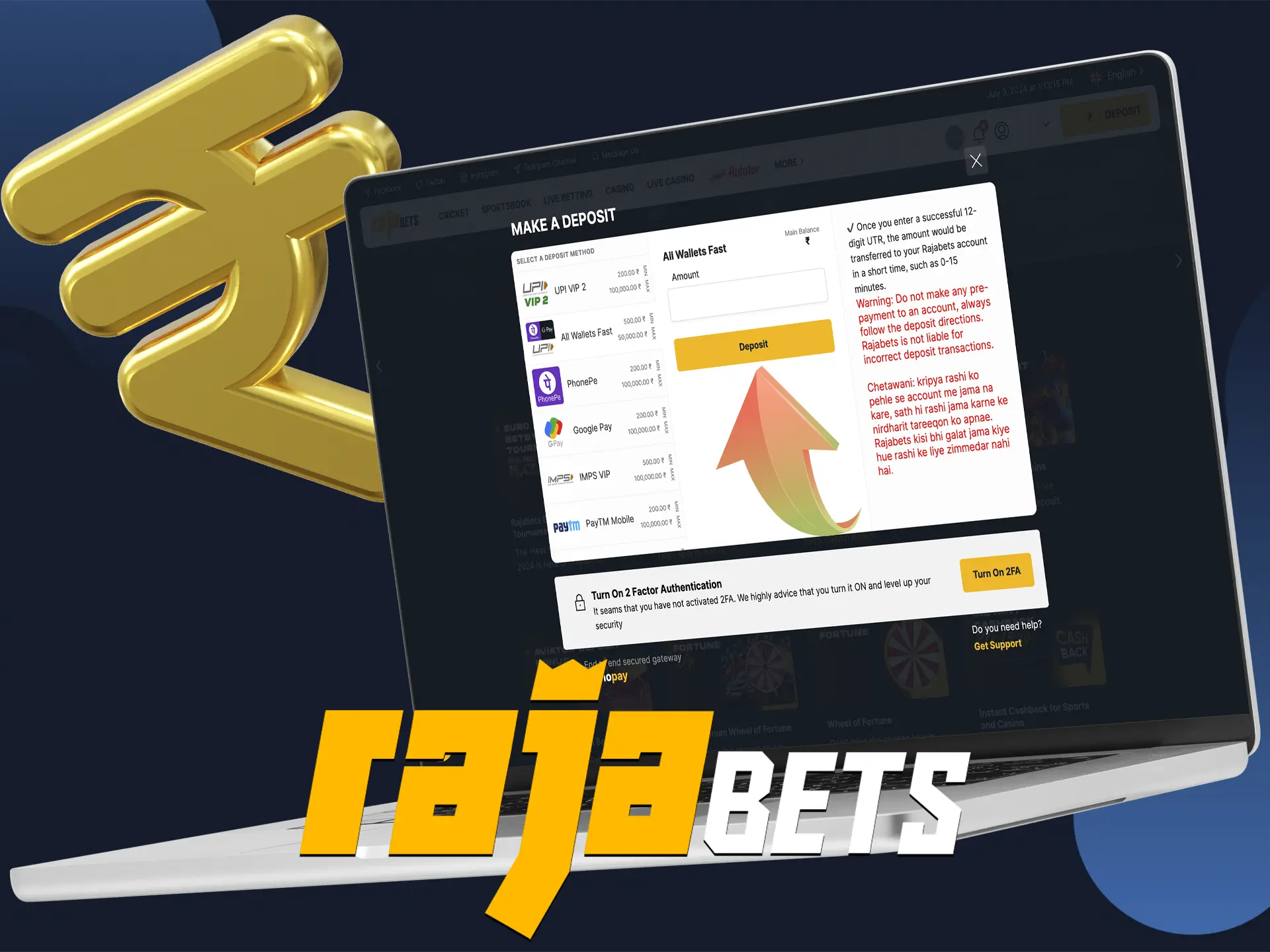 Carefully enter the amount to be recharged and confirm it, then the money will be instantly credited to your Rajabets account.