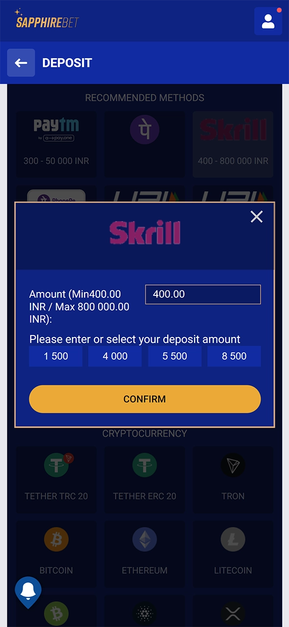 Go to the deposit section and fund your balance at Sapphirebet.