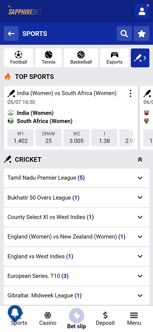 Go to the Sapphirebet sporting events tab and find the cricket section.