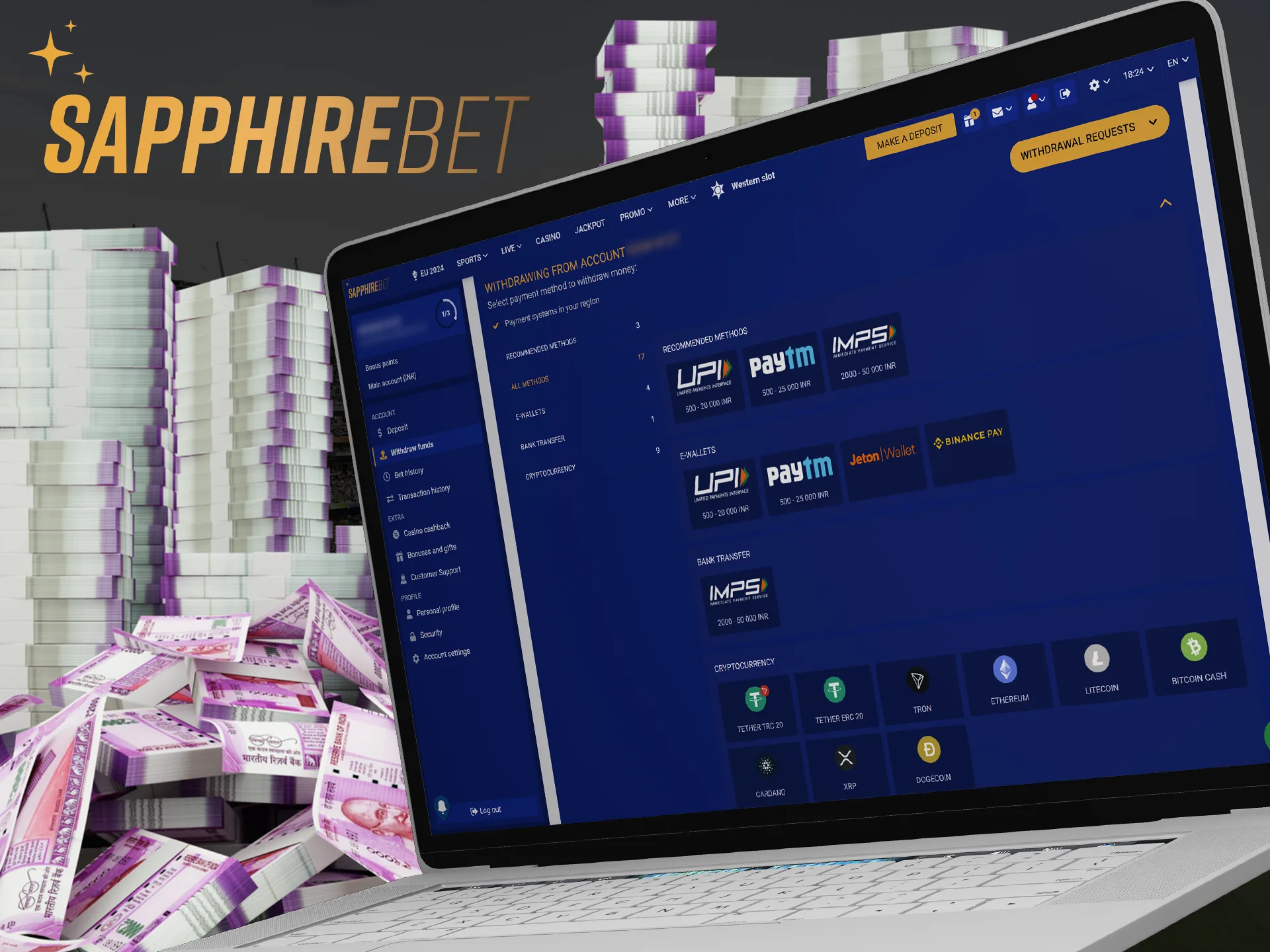 Find a payment system that is convenient for you and withdraw your winnings at Sapphirebet.