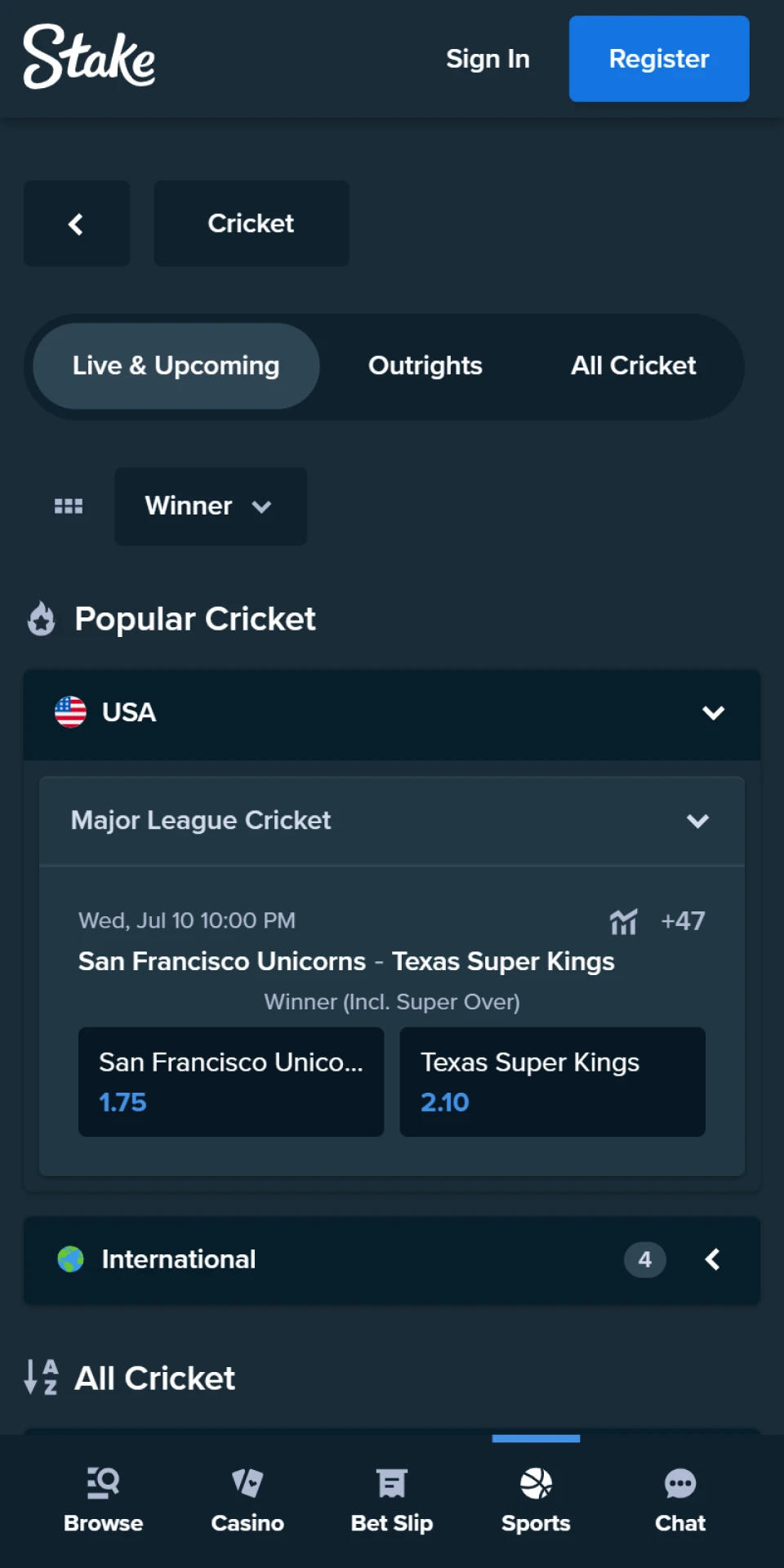 Place your bets on cricket directly from the Stake mobile app.