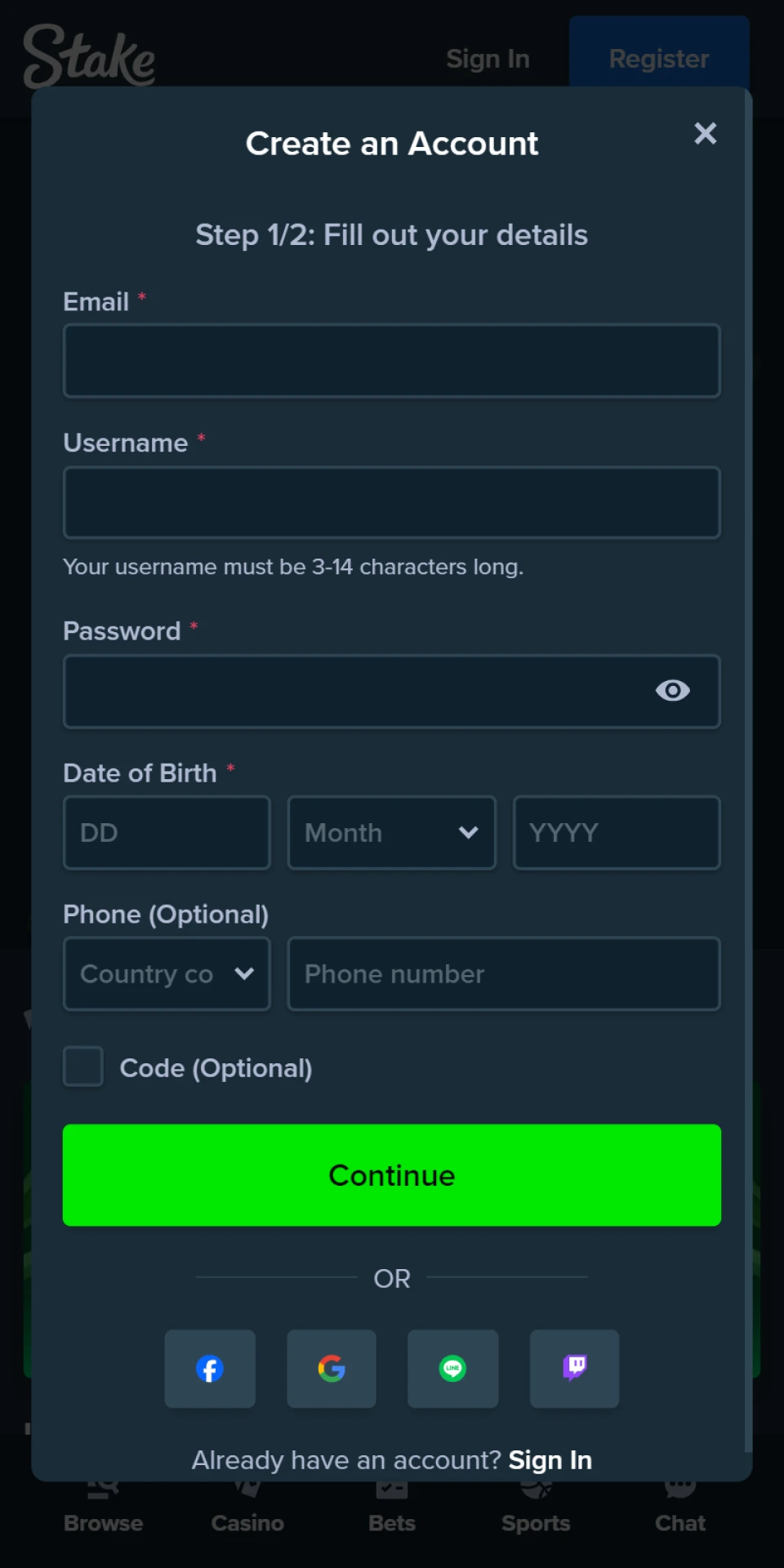 Complete the Stake registration form with your personal information.