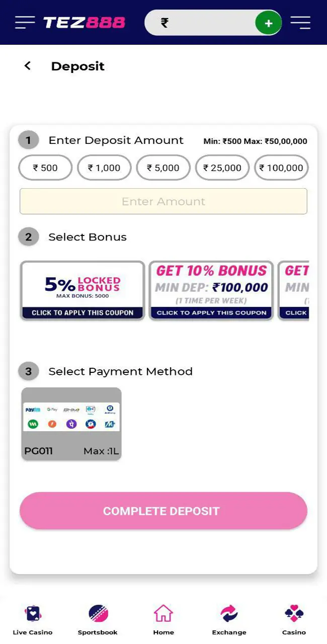 To make your first deposit at Tez888 you need to decide on the amount and the payment system that is favourable for you.