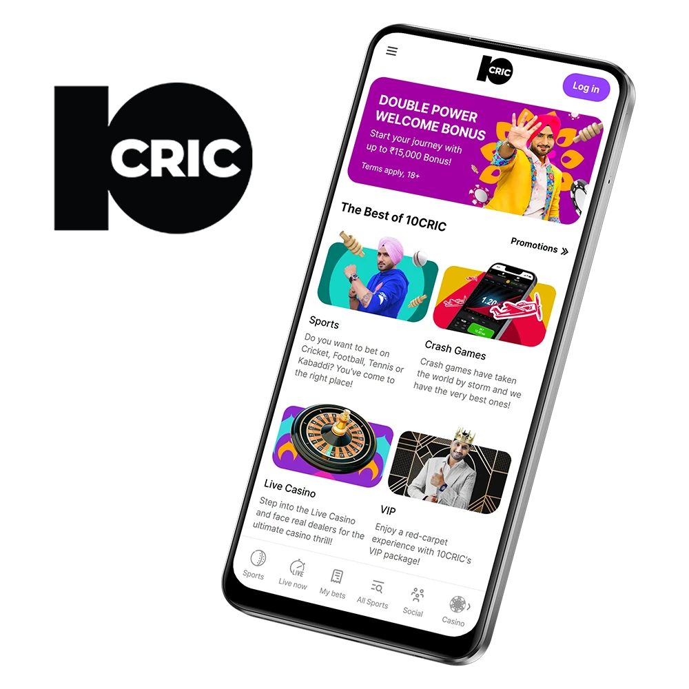 Mobile phone screen showcasing 10CRIC app with features like sports betting and live casino