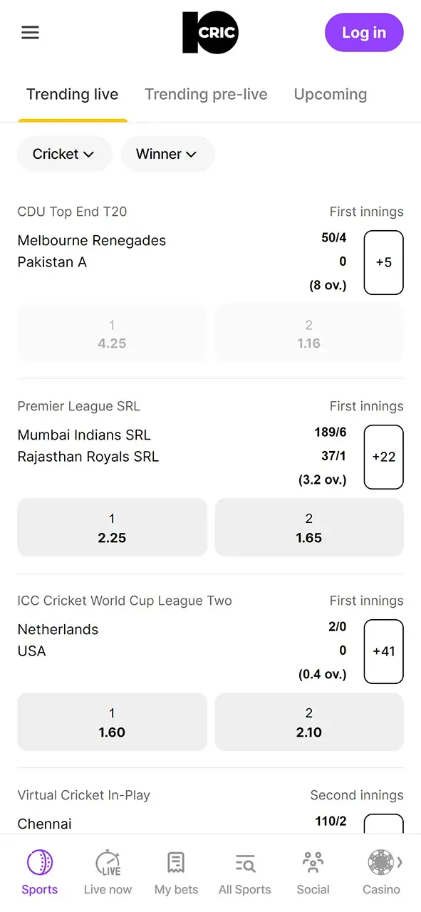 Cricket betting section of the 10Cric app.