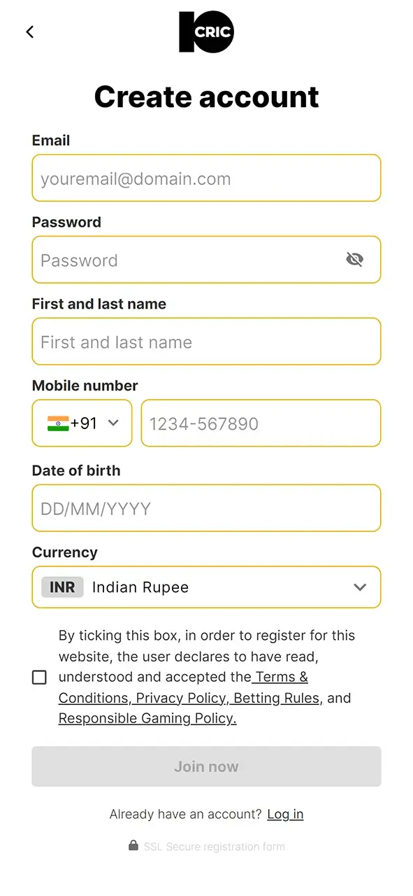 The 10Cric application registration page.