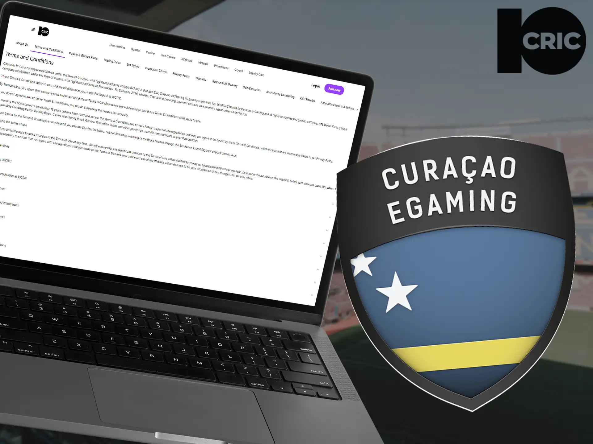 Laptop showing 10cric legal terms with Curaçao eGaming logo