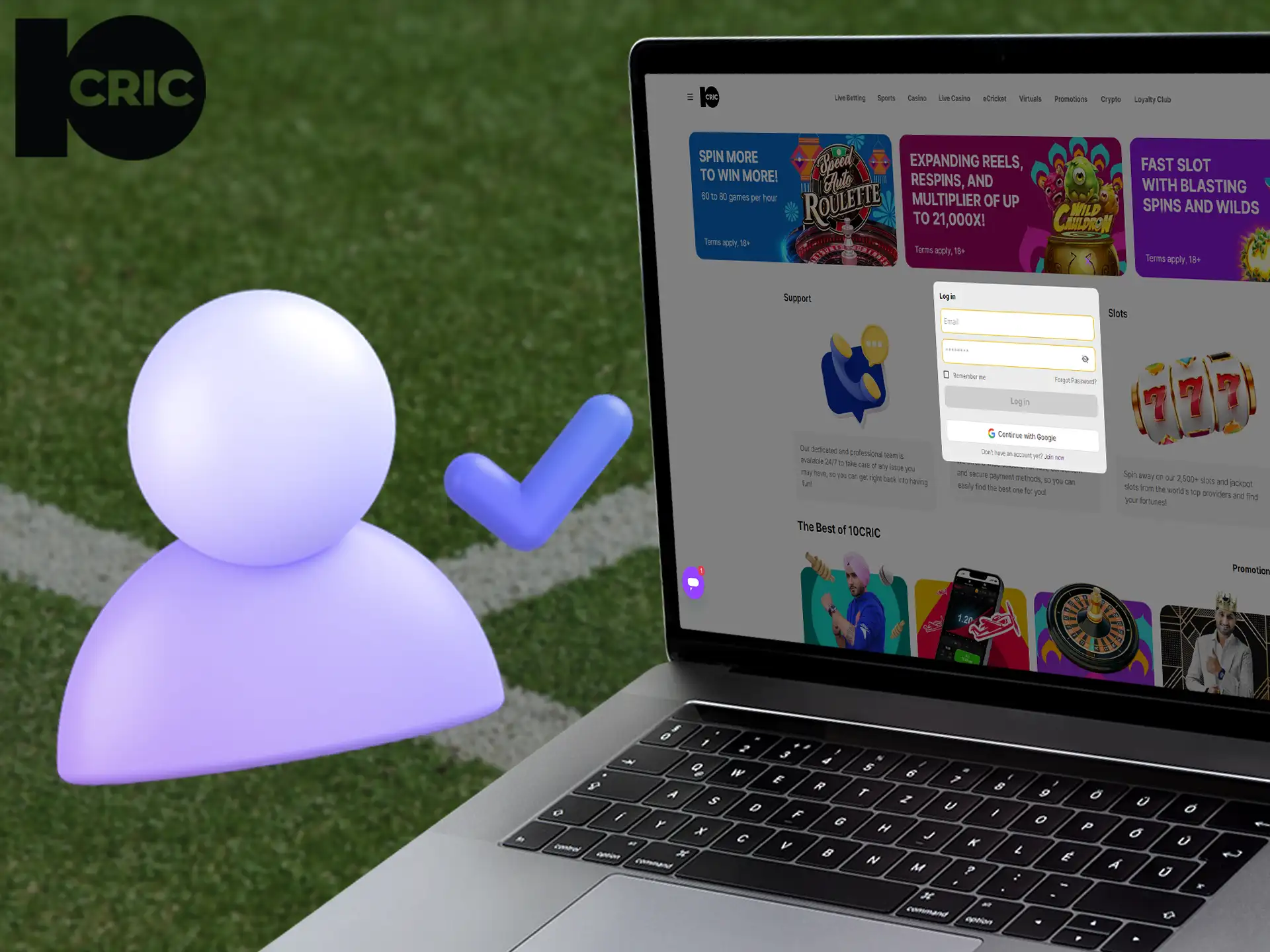 Laptop with 10cric login page featuring user icon and check mark