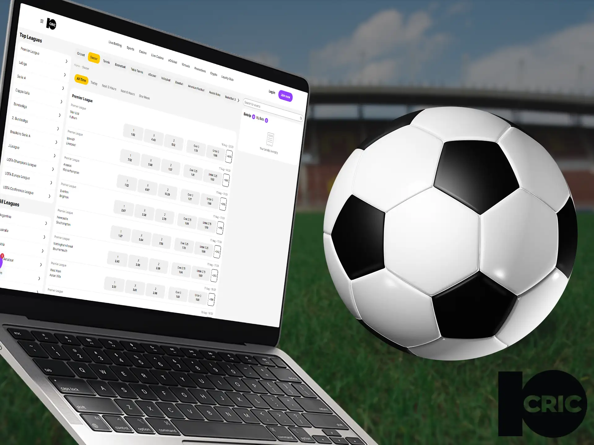 10Cric offers a football betting platform covering both international and local matches.