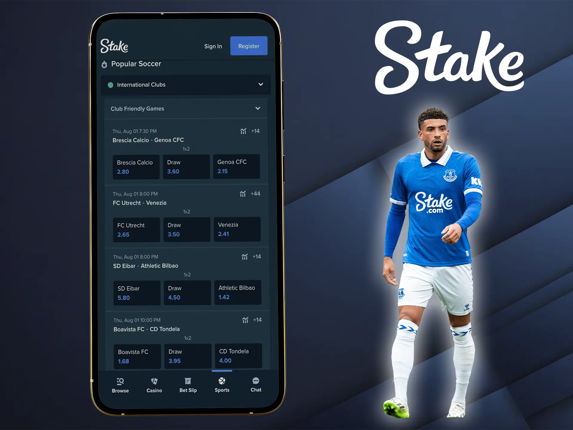 Stake gives users a unique app that features a high level of security and a huge variety of football betting.