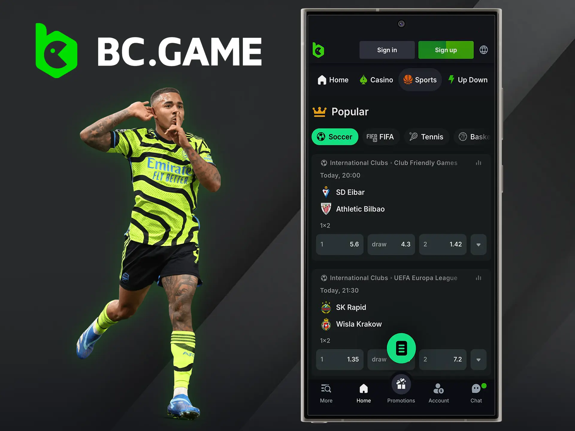 The BC Game app shows stable performance and is always available for your football betting needs.