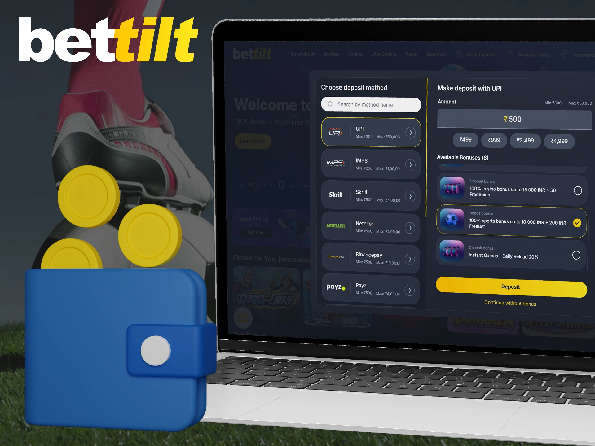 Choose a payment method and fund your Bettilt account balance.