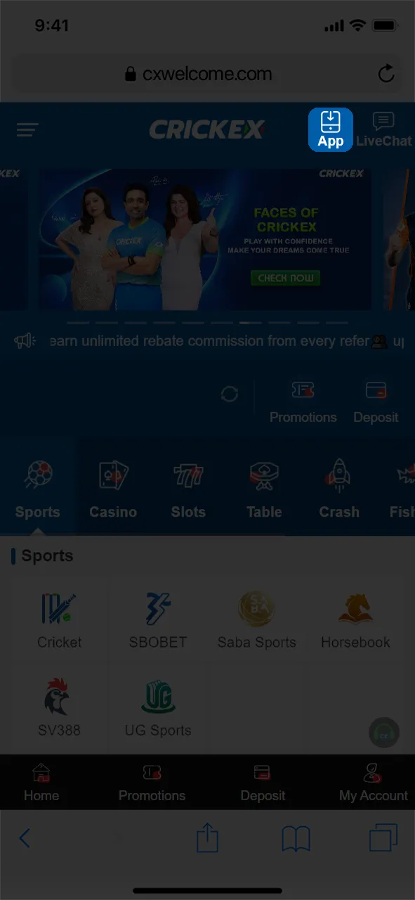 Find the mobile app section of the Crickex website and go to it.