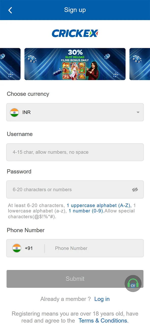 Registration via the Crickex app.