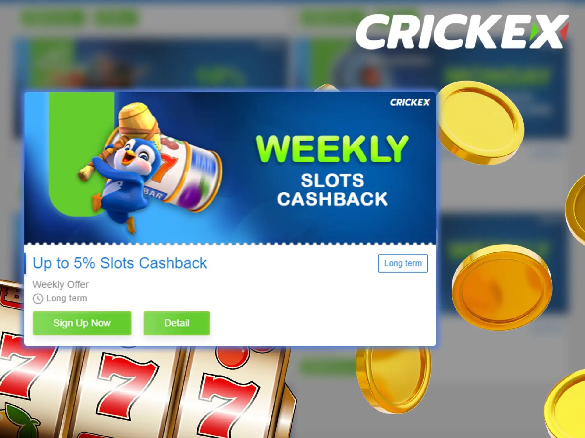 Enjoy slots at Crickex and get a cashback of 2% to 5% throughout the week.