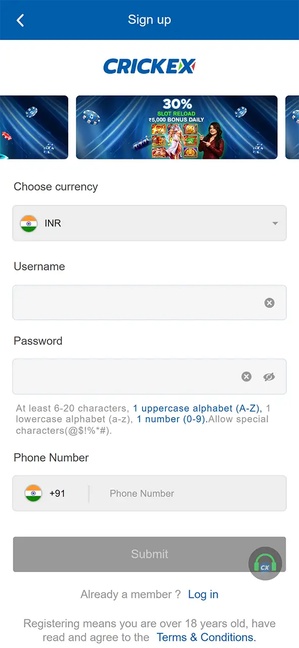 Go to the official website of Crickex and register.