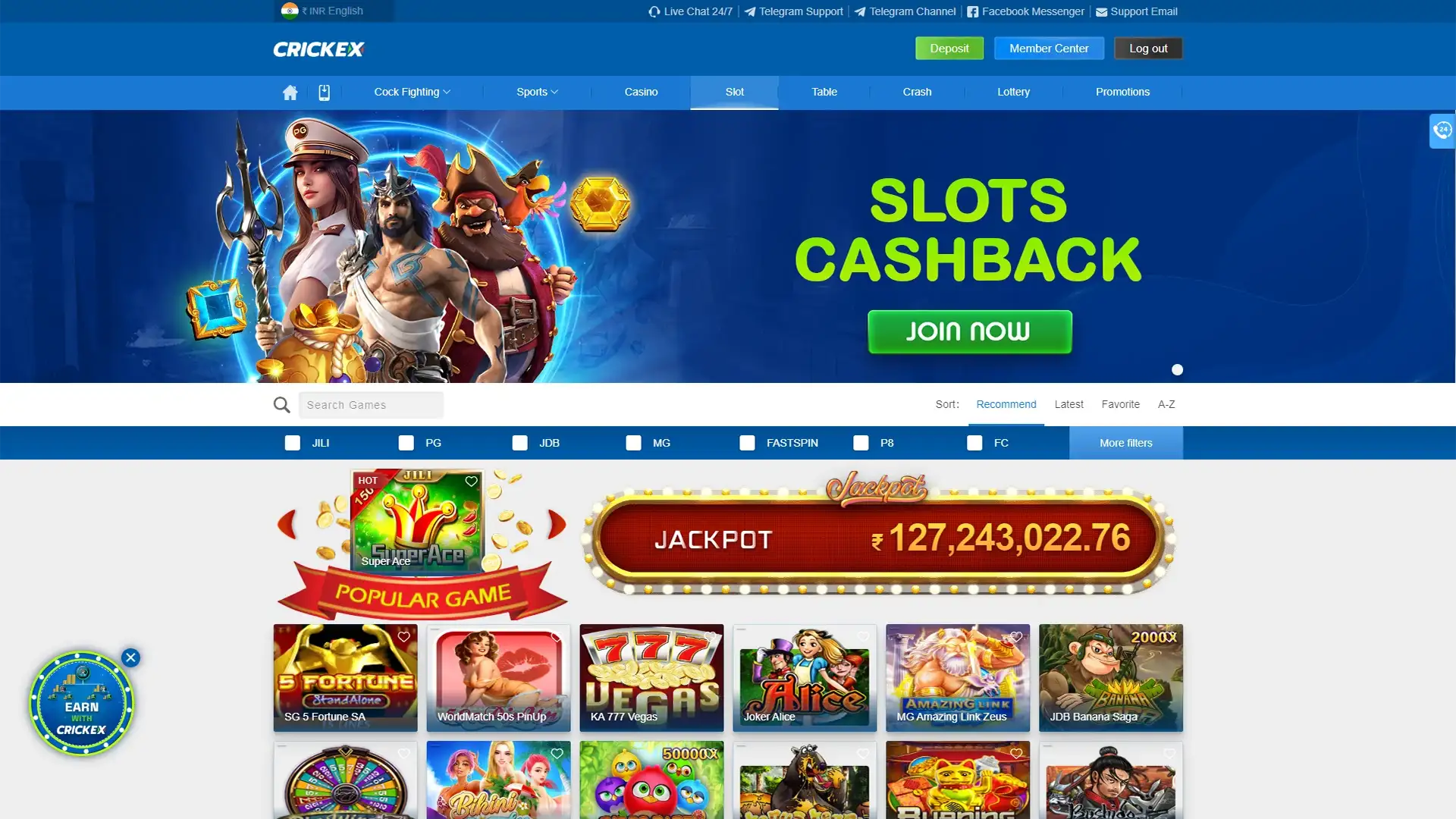 Casino section on the Crickex website.