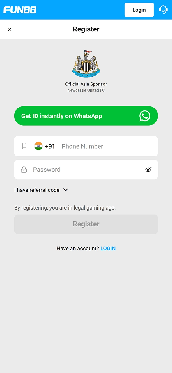 Enter your phone number and come up with a password to create an account at Fun88.