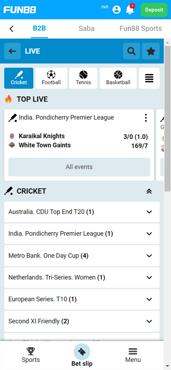 Open the Fun88 sports section to find cricket matches.