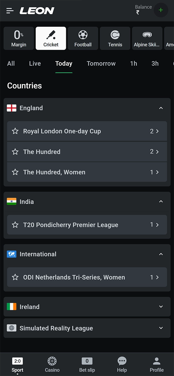 Open the Leonbet sports section and click on cricket.