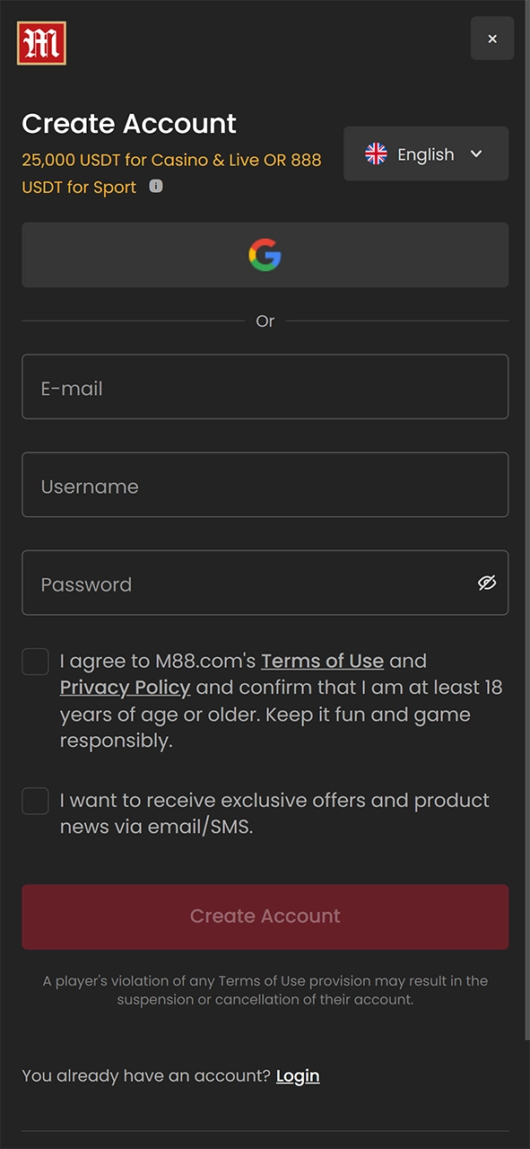 Complete the M88 registration form and confirm account creation.