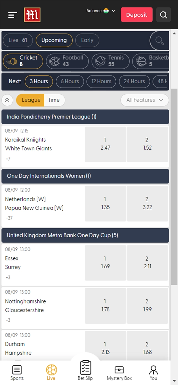 In the M88 sports section, find cricket tournaments and events.