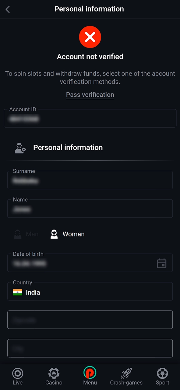 Fill out the personal information section to verify your Pin Up account.