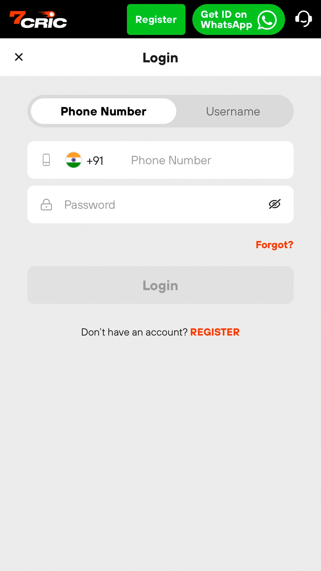 Account login form in the 7Cric app.