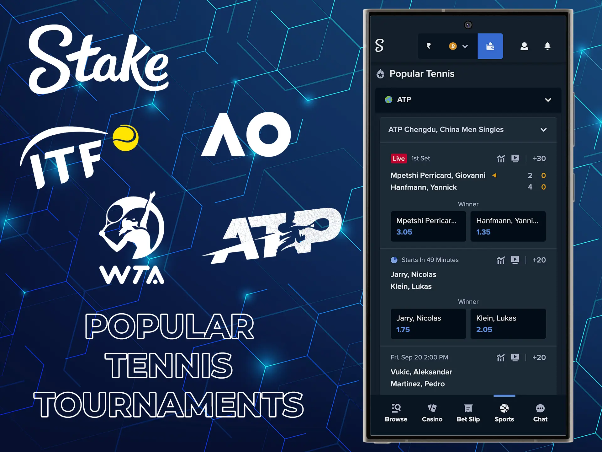 Follow major tennis tournaments and make your predictions through the Stake app.