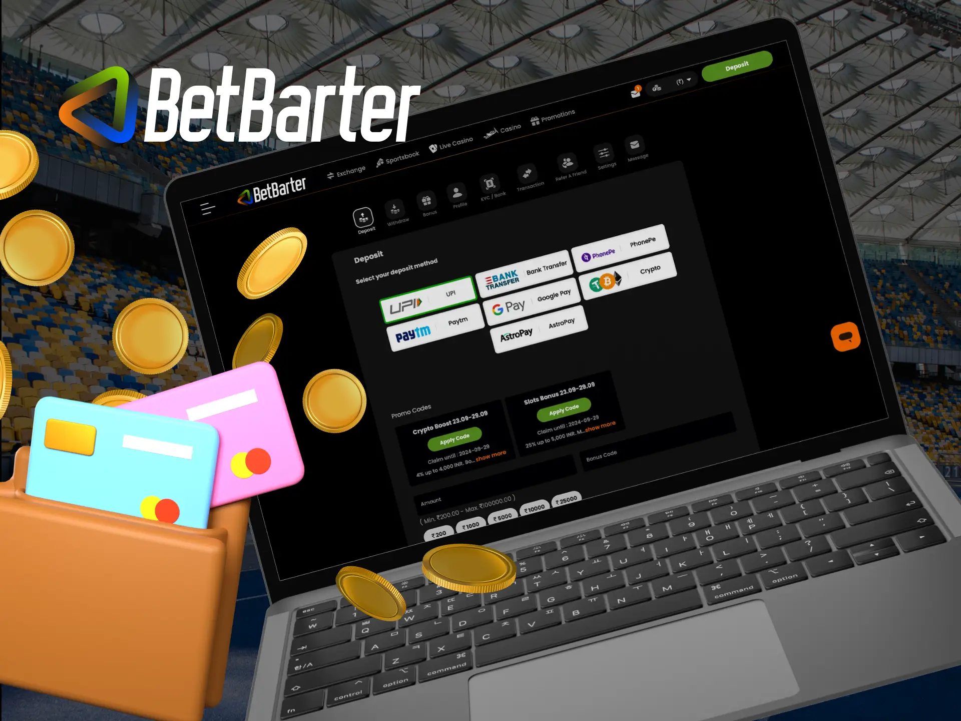 What deposit methods are available at Betbarter Bookmaker online casino.