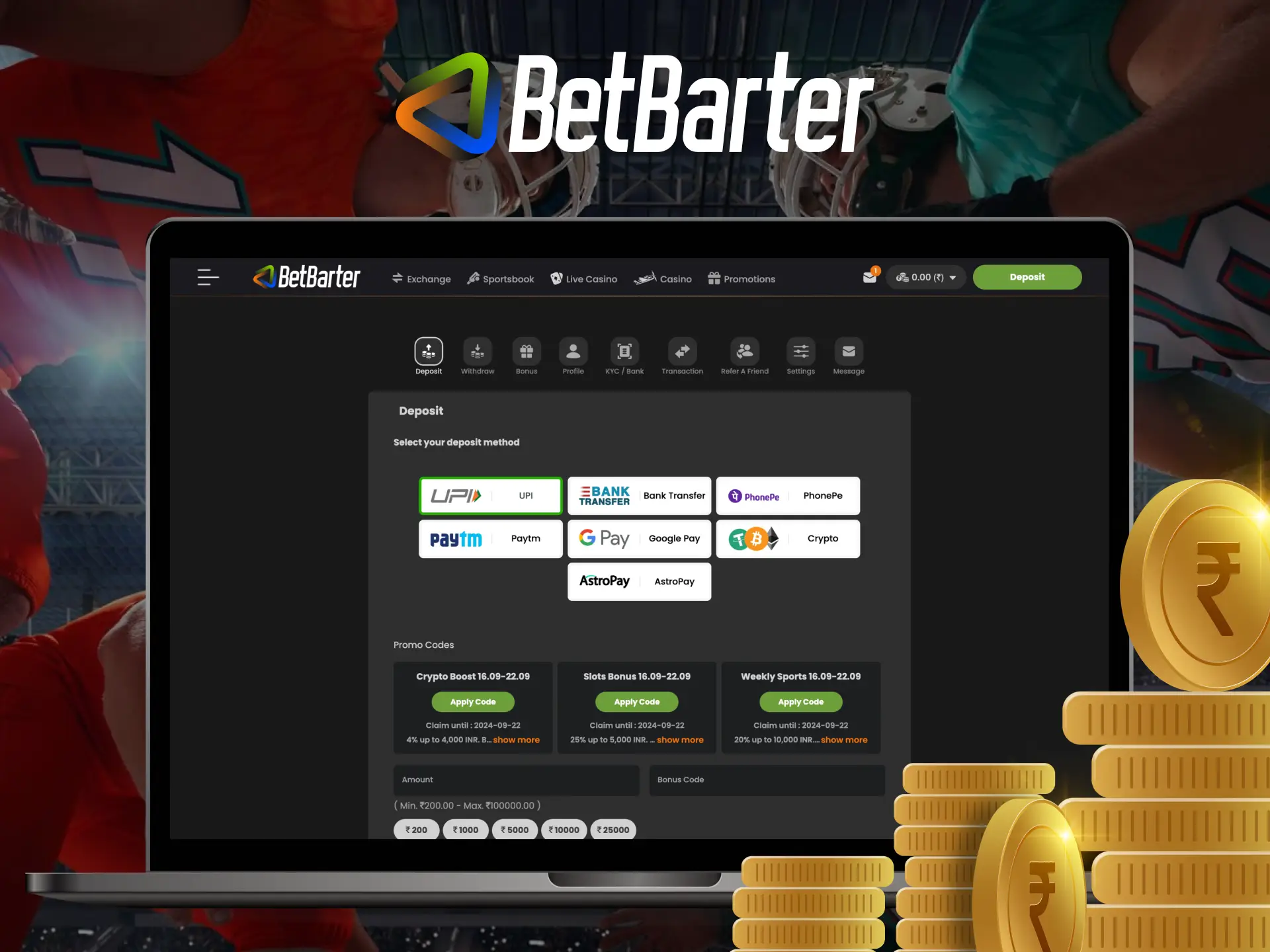 How players can make a deposit at Betbarter Bookmaker online casino.