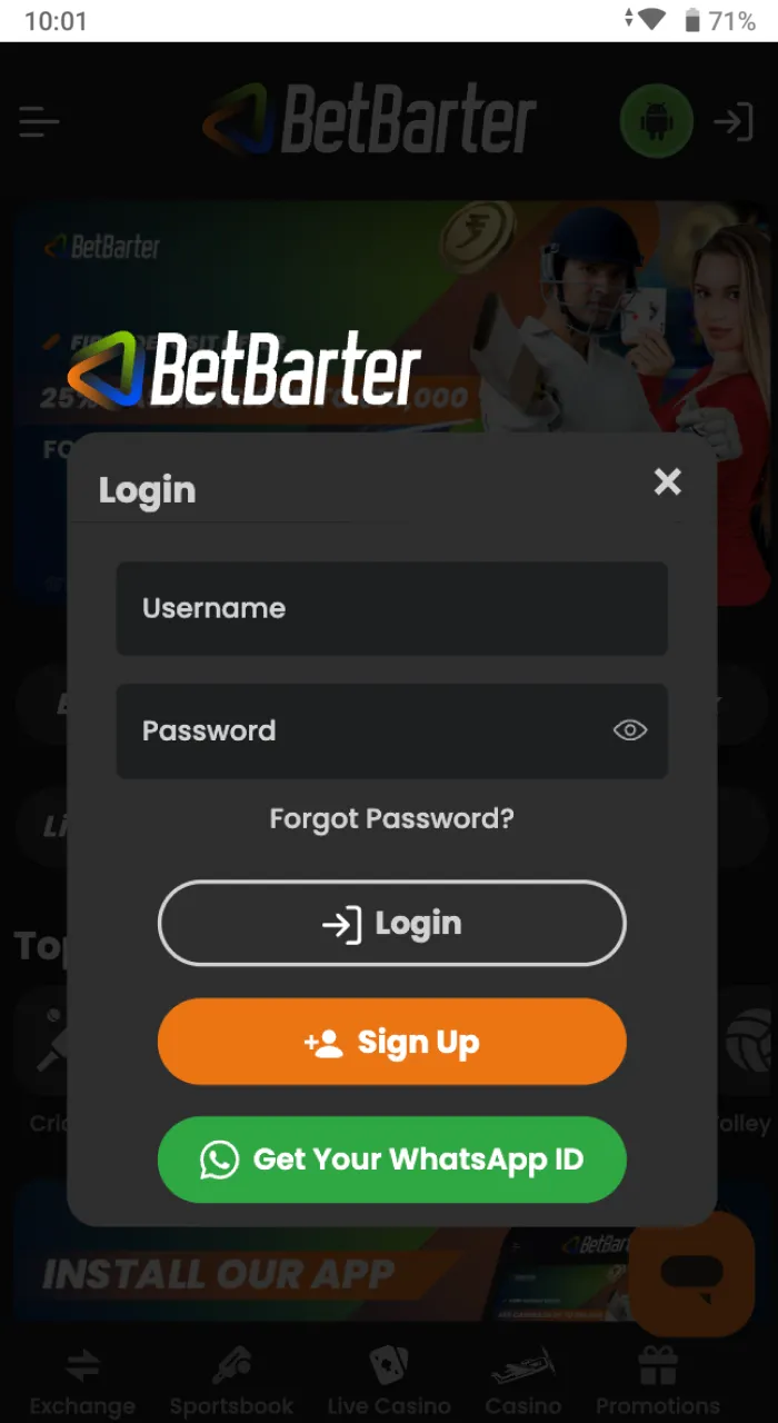 What you need to indicate when logging in to the Betbarter Bookmaker online casino website.