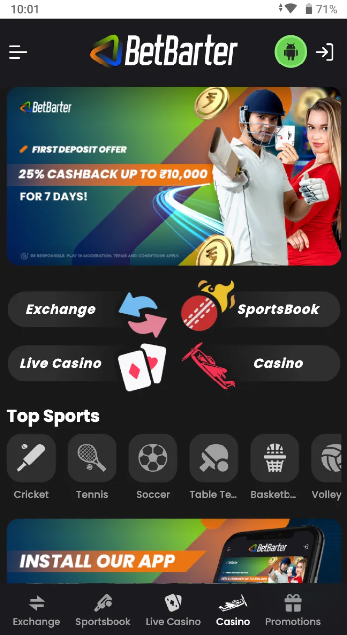 Home page of the official website of the online casino Betbarter Bookmaker.