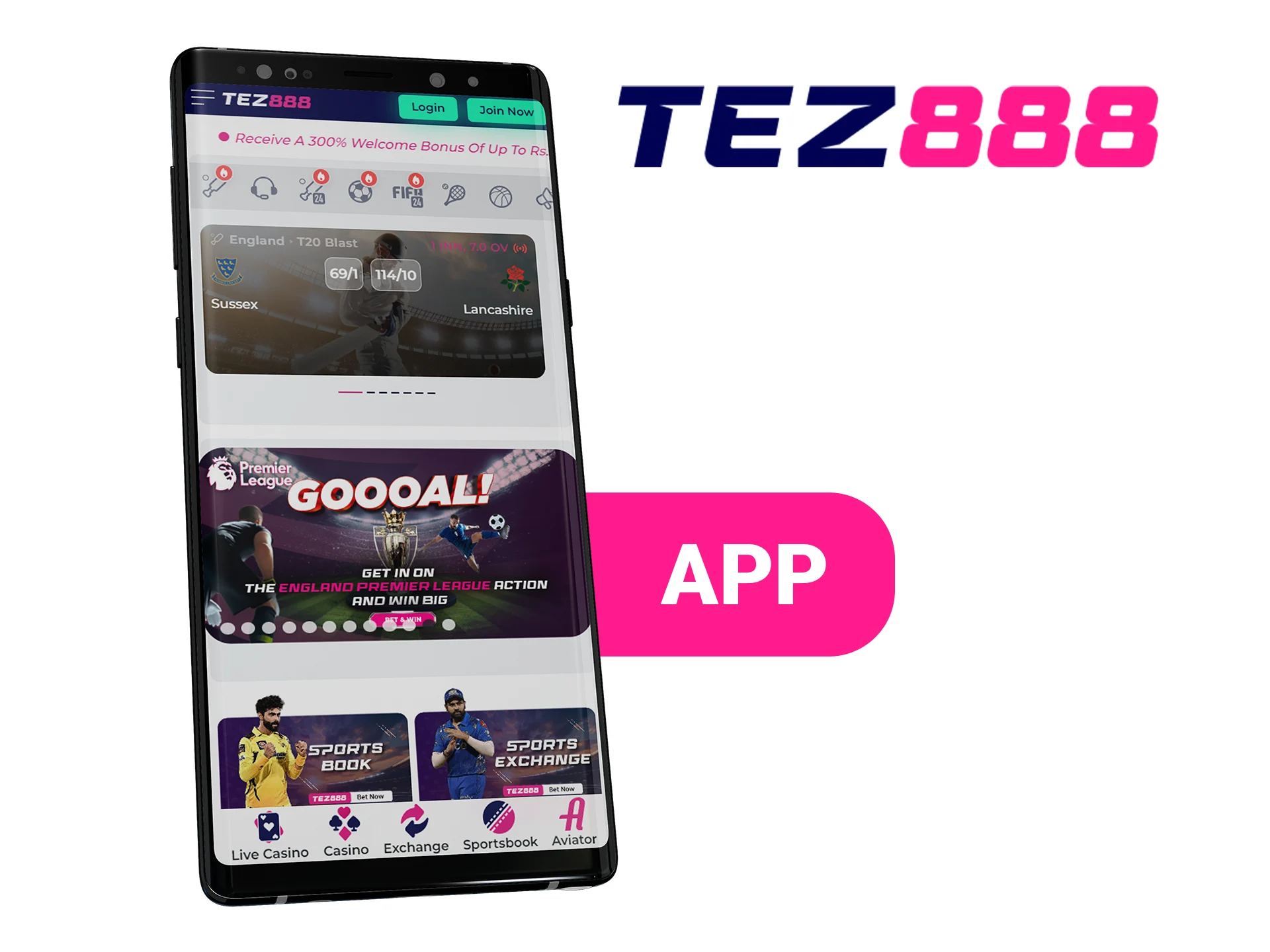 Install Tez888 App to bet on sports.