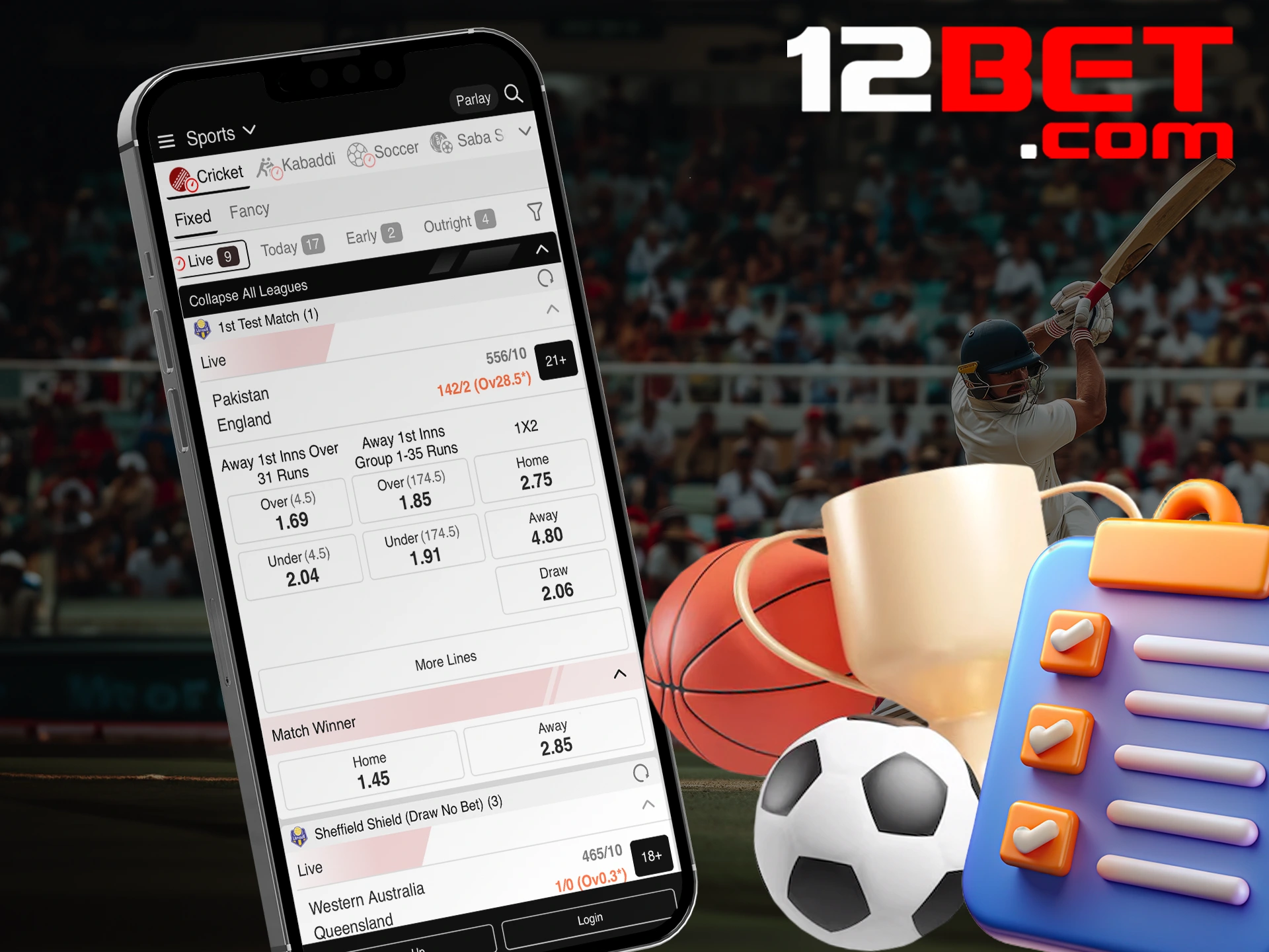 Select the necessary options for betting in the 12bet app.