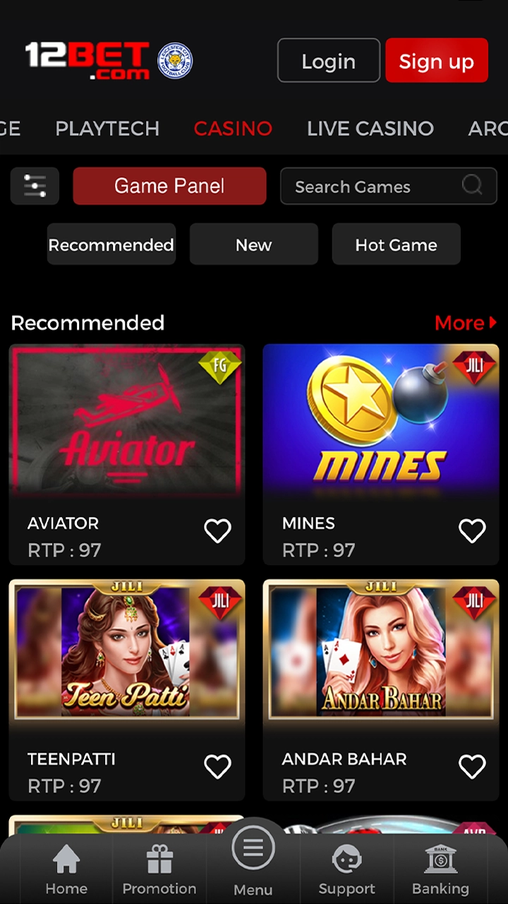 The casino section of the 12bet app.