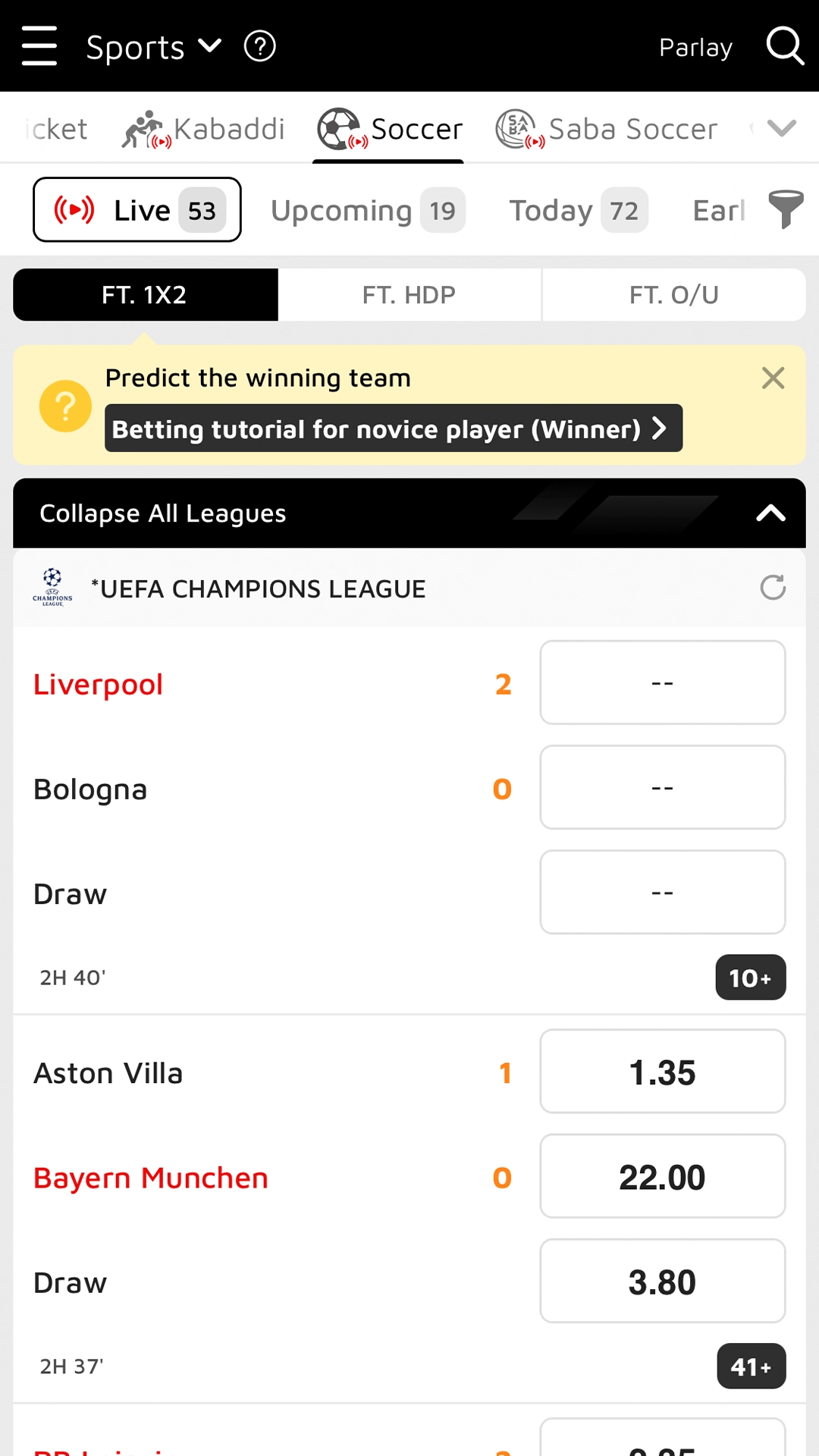 Go to the soccer betting section of 12bet.