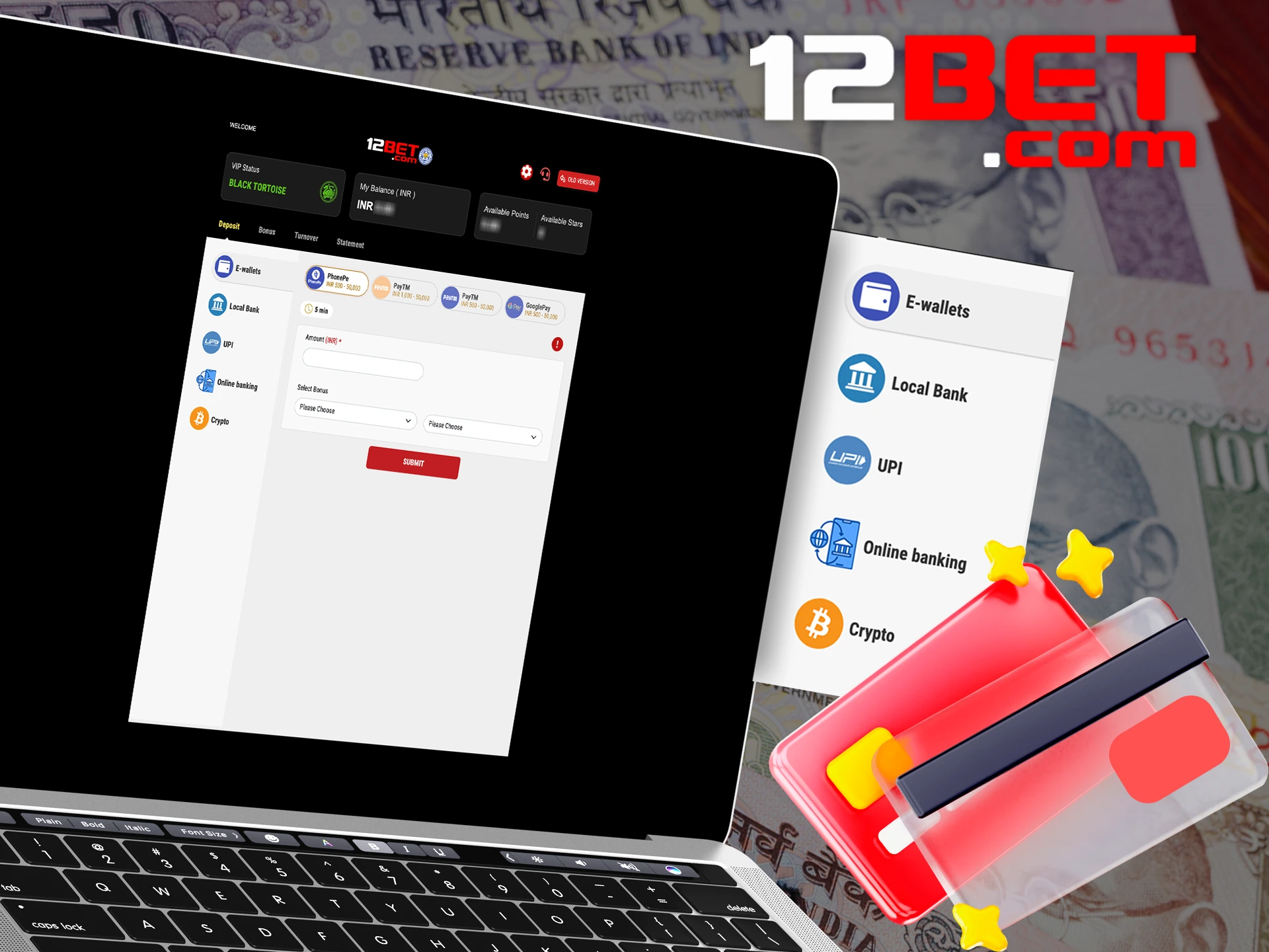 Use any of the provided payment methods and bet on soccer at 12bet.