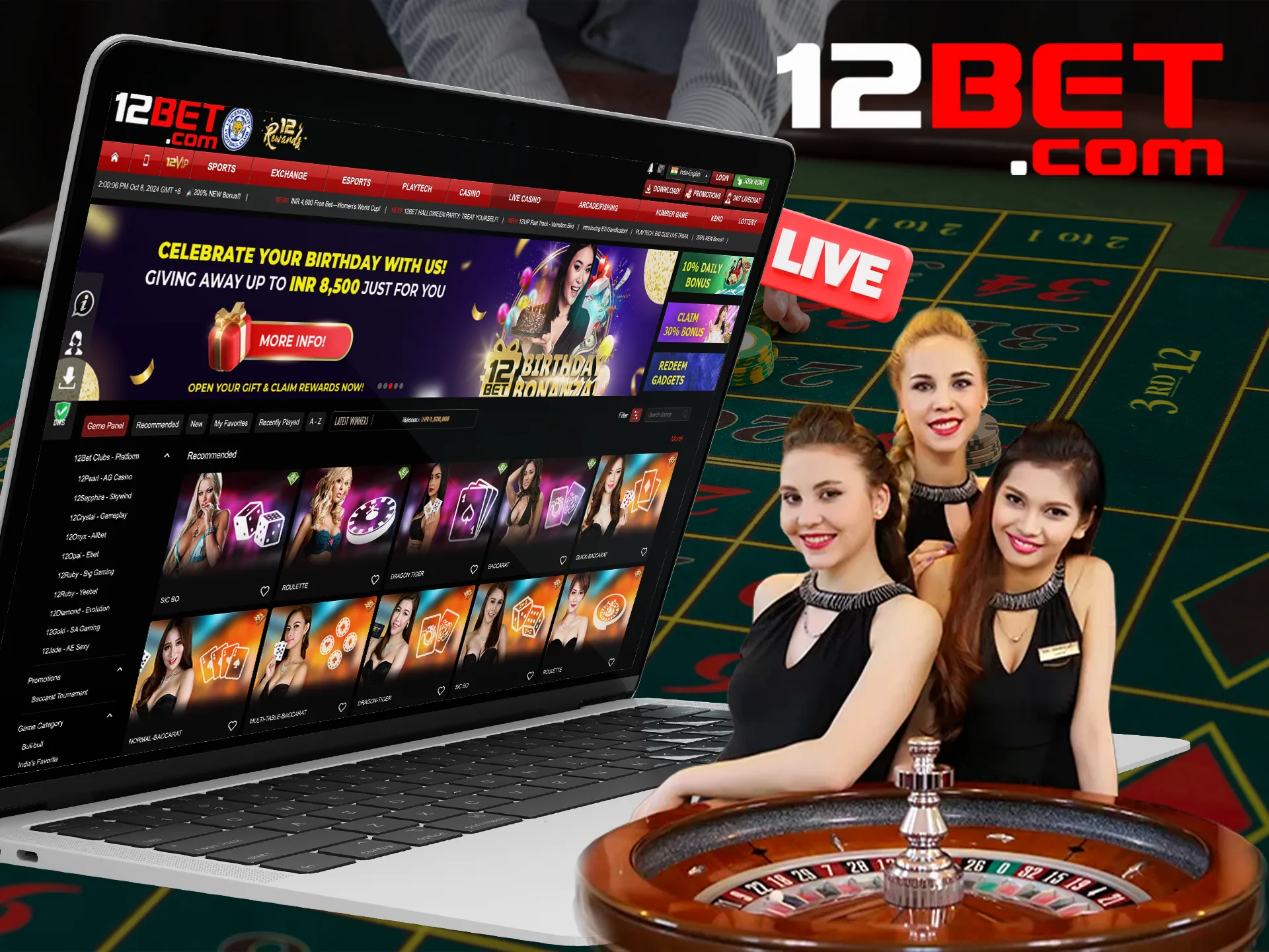 Play live casino games from the comfort of your home at 12bet.