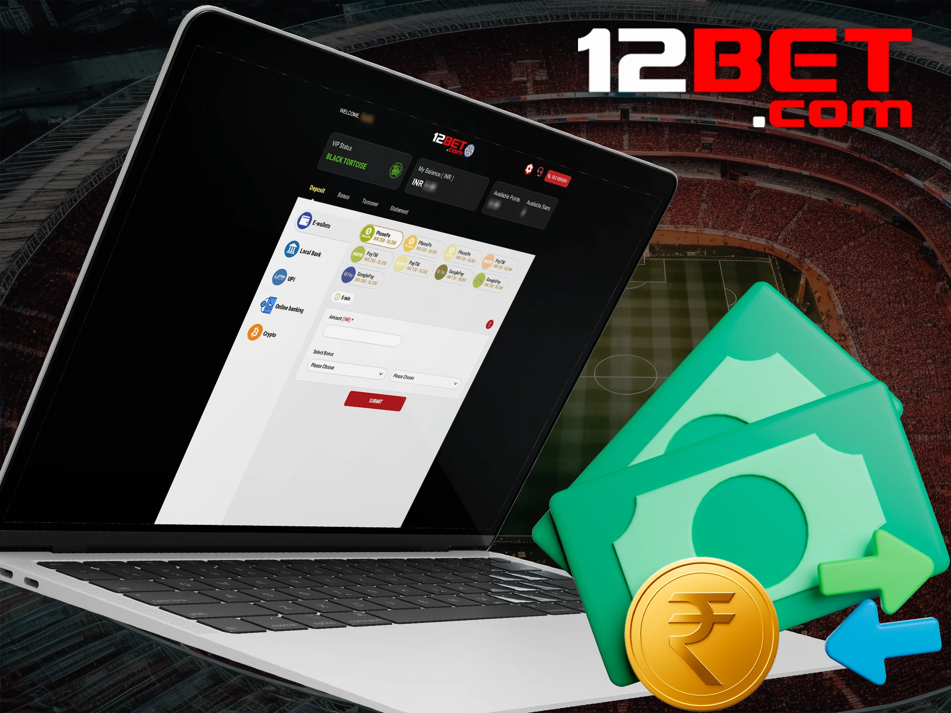 Instantly withdraw your winnings to 12bet using a convenient method.