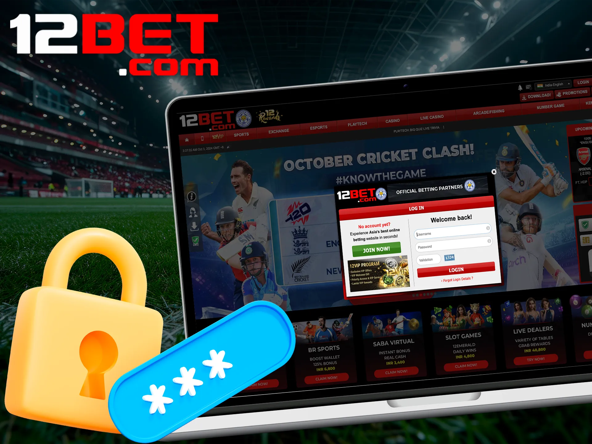 Use your login and password to log in to your personal 12bet account.